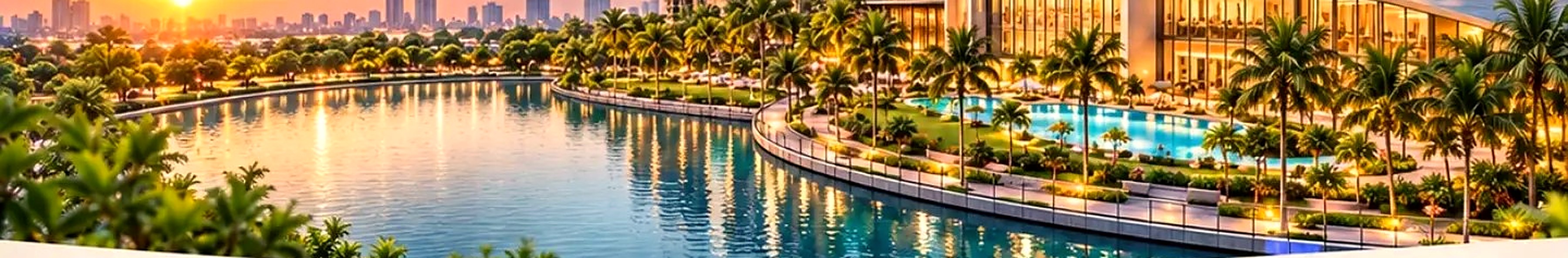 Waterfront residential towers in New Town Kolkata at sunset